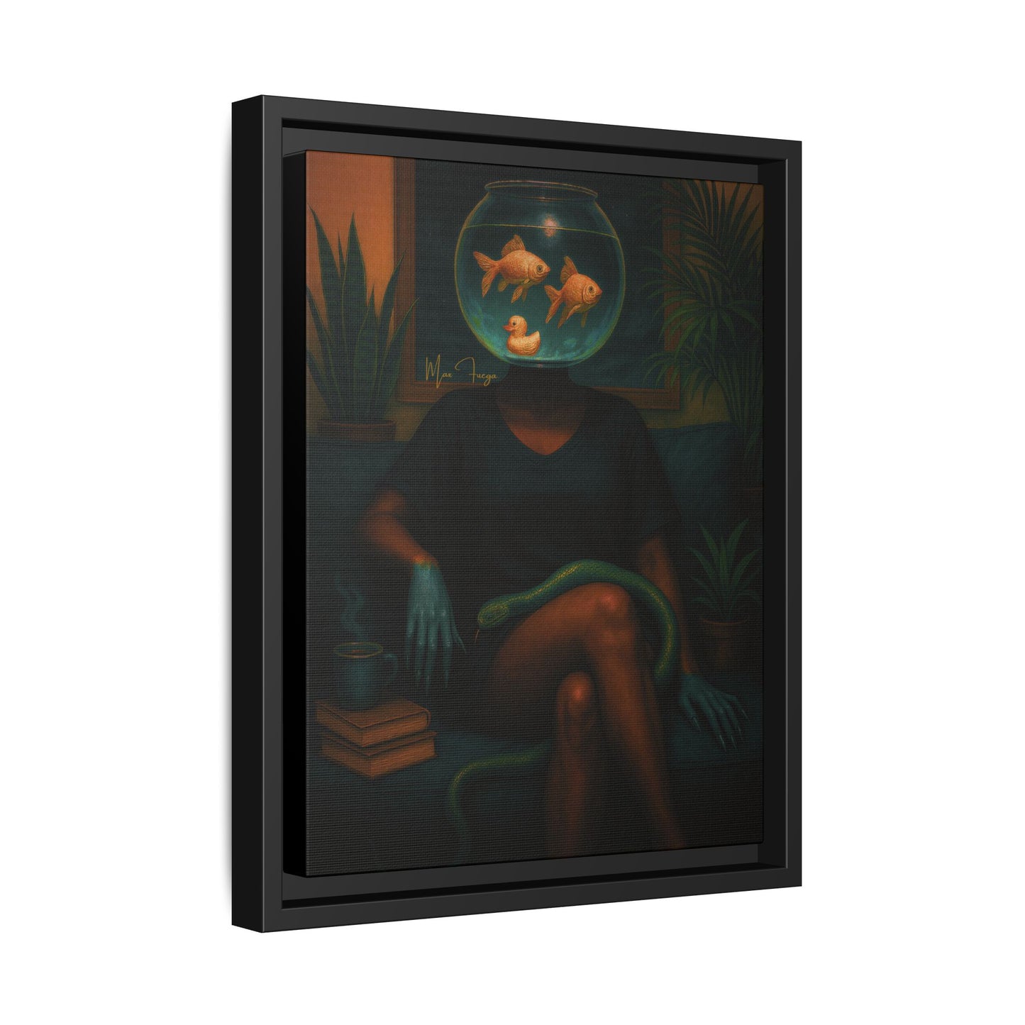 A framed dark fantasy art print featuring a seated figure with a fishbowl for a head, with goldfish swimming inside, a green snake draped over the legs, and a black frame on a white background.