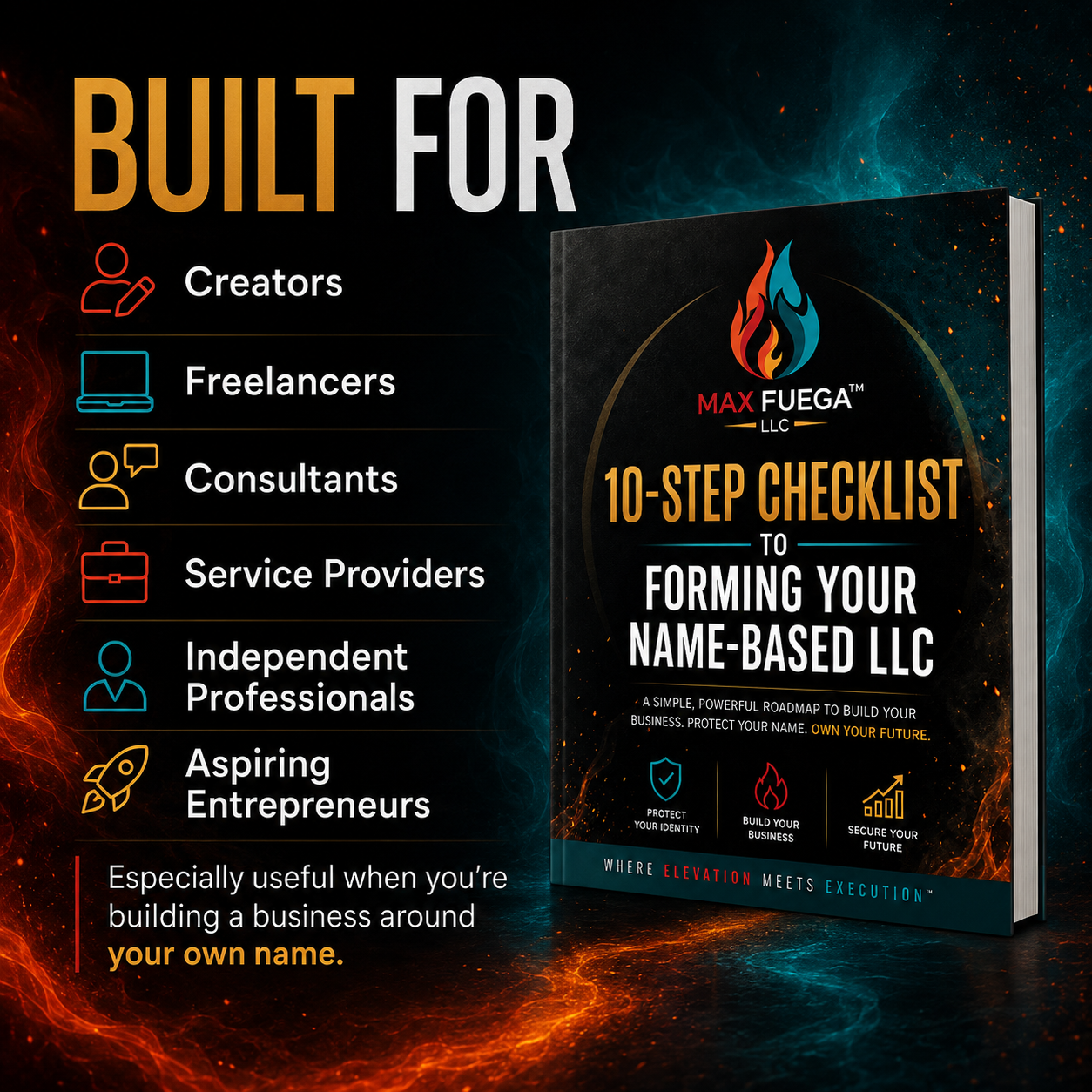 A promotional graphic for a book or checklist titled "10-Step Checklist to Forming Your Name-Based LLC" by Max Fuego LLC. The right side shows the product cover standing upright, while the left side has large text reading "BUILT FOR" with icons for creators, freelancers, consultants, service providers, independent professionals, and aspiring entrepreneurs, plus a note about building a business around your own name.