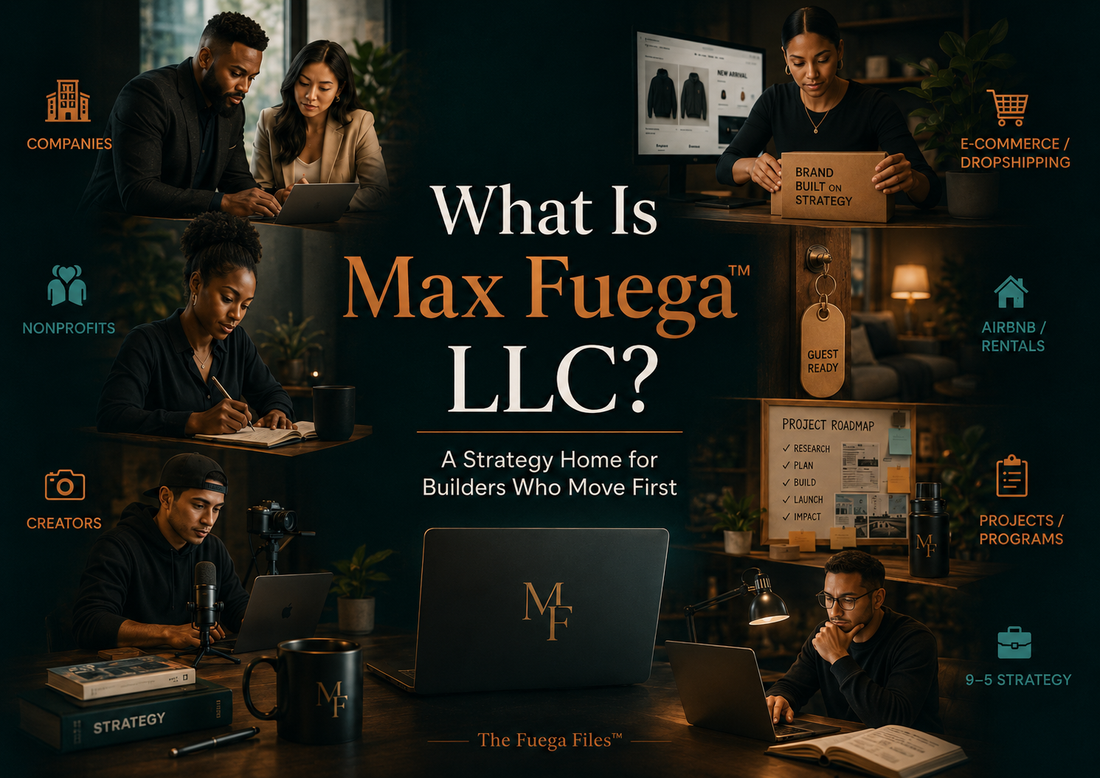 What Is Max Fuega™ LLC hero graphic showing strategy support for companies, nonprofits, creators, ecommerce, rentals, projects, and 9–5 professionals.