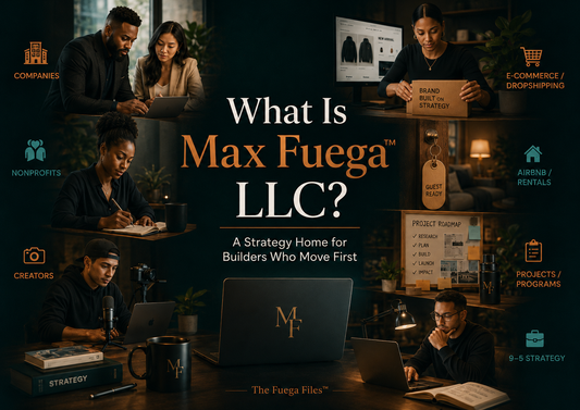 What Is Max Fuega™ LLC hero graphic showing strategy support for companies, nonprofits, creators, ecommerce, rentals, projects, and 9–5 professionals.