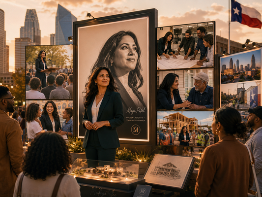 Digital feature story showcase with a Texas skyline, highlighting how builders can be seen through a fuller public story