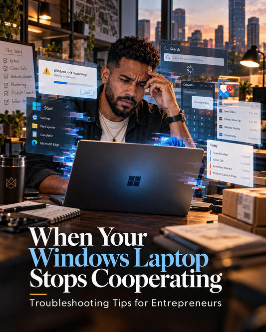 Black entrepreneur troubleshooting a Windows laptop surrounded by frozen apps, error messages, and business notifications.