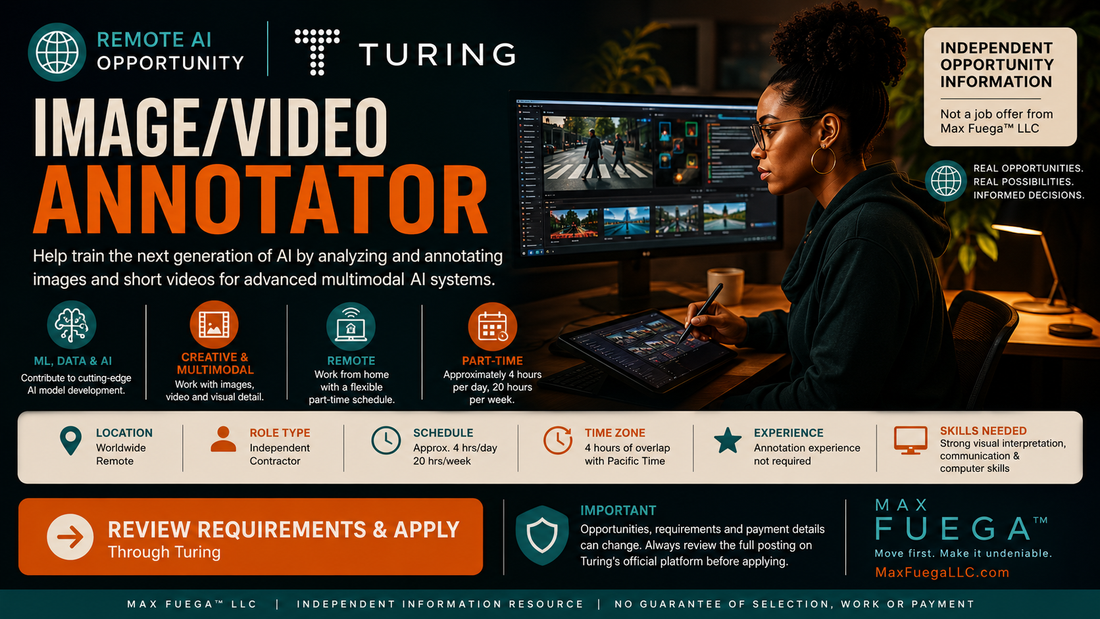 Black creative professional reviewing images and video for a Turing remote Image/Video Annotator opportunity shared by Max Fuega LLC.