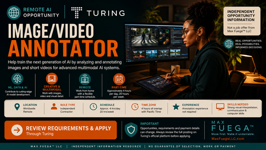 Black creative professional reviewing images and video for a Turing remote Image/Video Annotator opportunity shared by Max Fuega LLC.