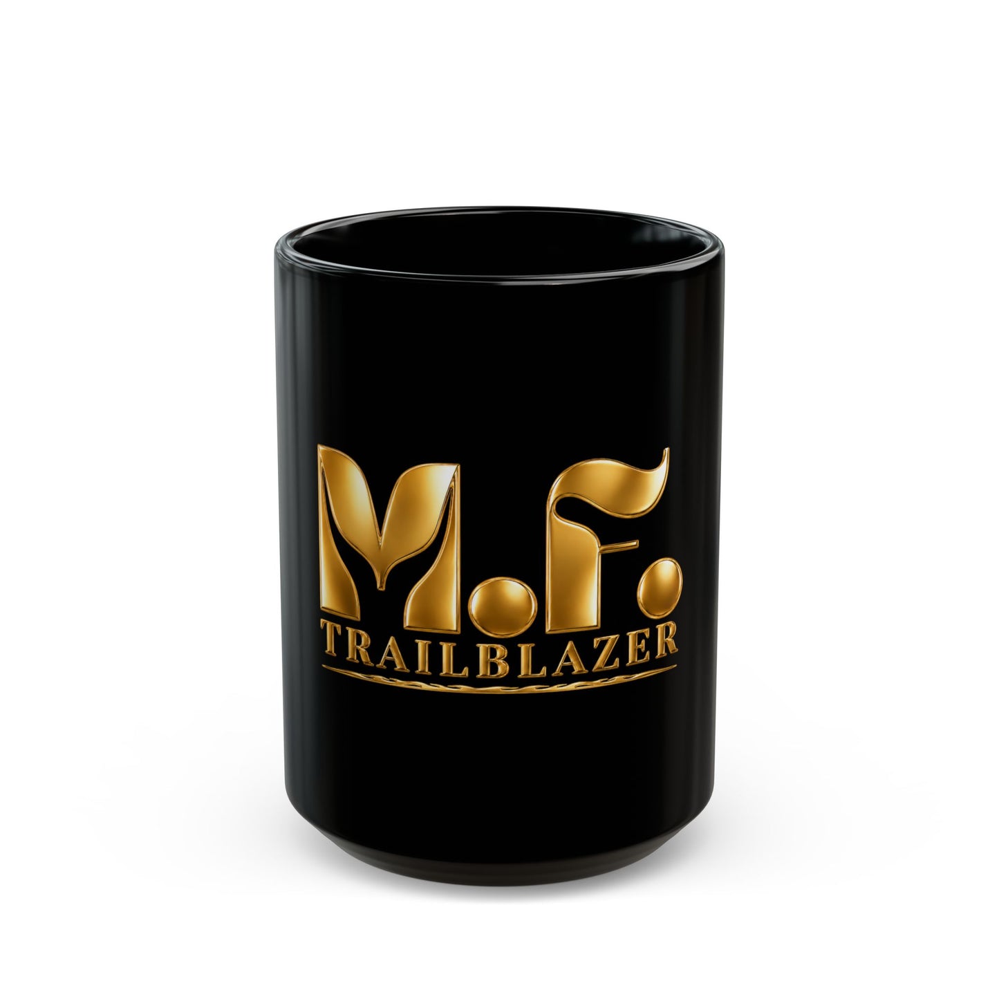 M.F. Trailblazer Gold Logo Black Mug | Glossy Ceramic Coffee Cup | 11oz / 15oz