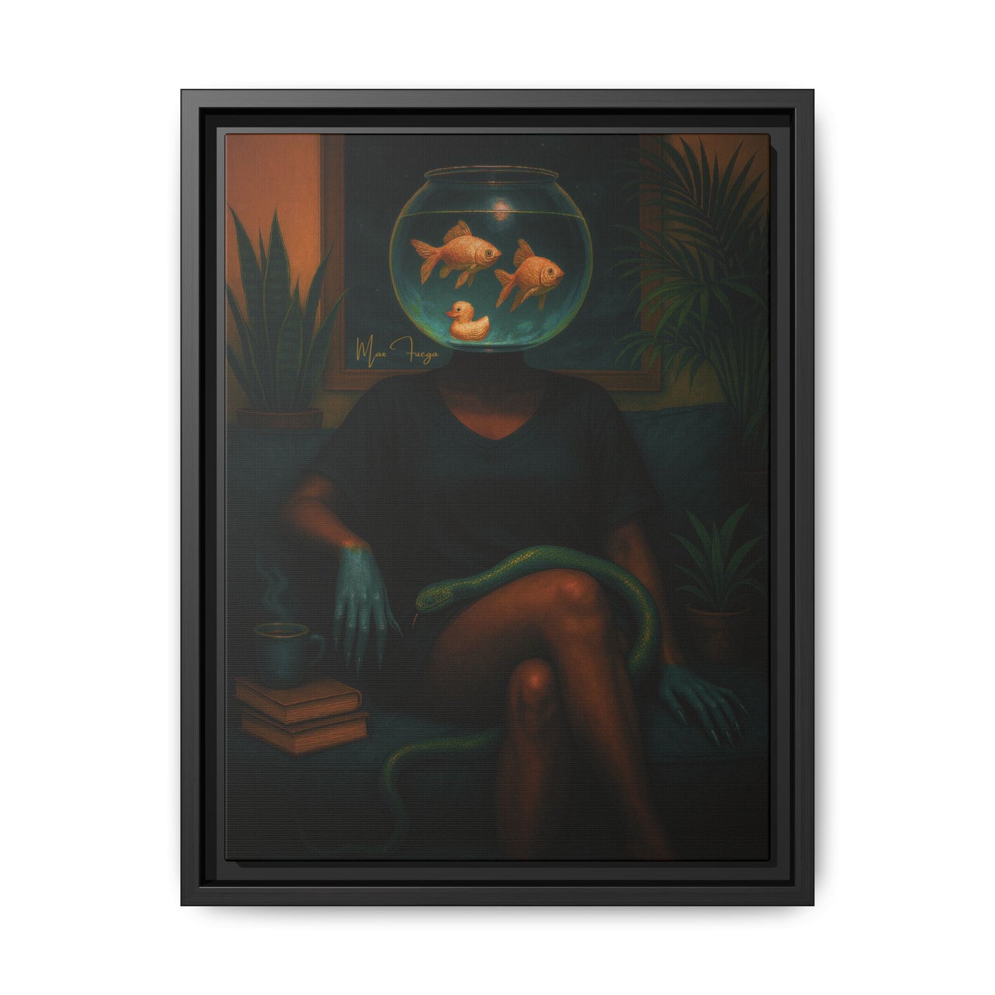 A framed surreal art print depicting a seated figure with a fishbowl for a head, containing two goldfish and a rubber duck, with a green snake draped across the legs, shown against a plain white background.