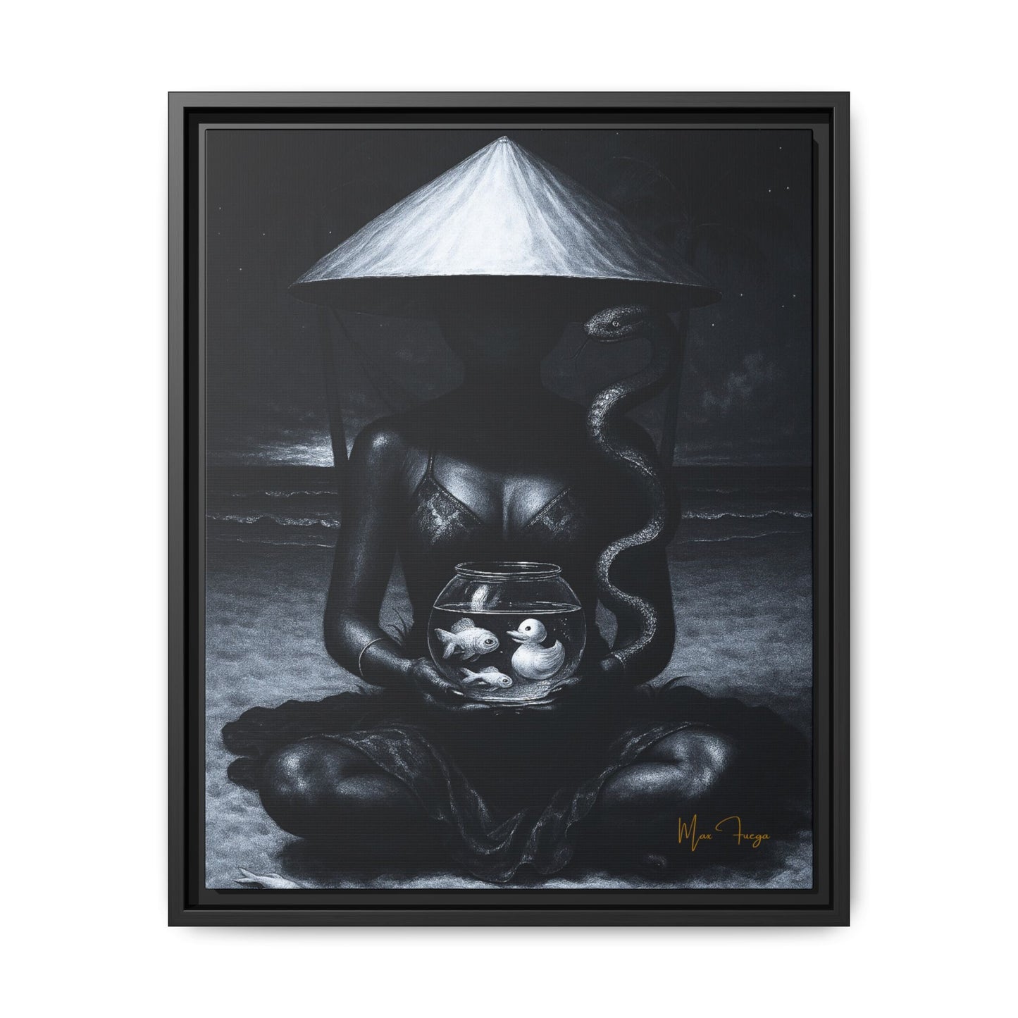 A framed black and white art print featuring a seated figure under a conical hat holding a fishbowl with two small fish, with a snake wrapping around the figure, shown against a white background.