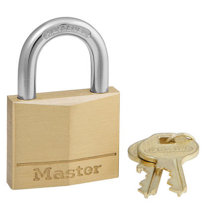 Brass padlock with a key on a white background, featuring the Master Lock brand.