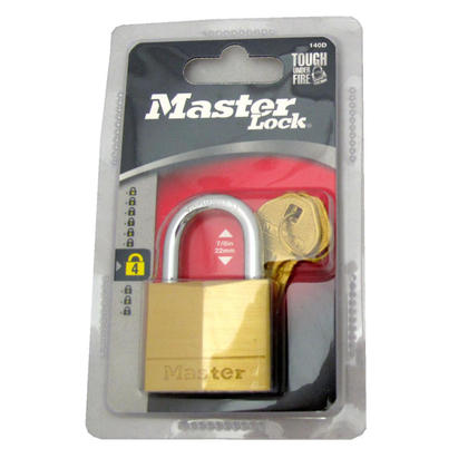A brass Master Lock padlock in its original blister packaging, featuring a red lock body, silver shackle, and a matching brass combination key inside a clear plastic blister pack.