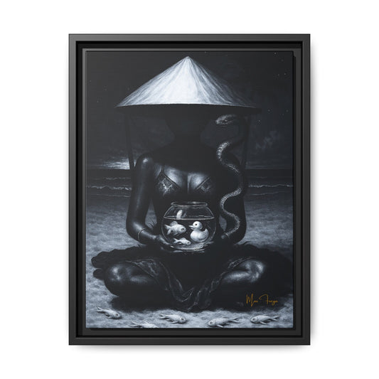 A framed black and white art print depicting a seated figure under a conical hat holding a fishbowl with two fish, with a snake draped over the shoulders, set against a dark background.