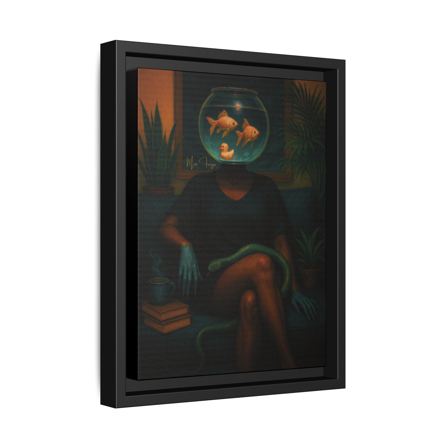 A framed art print featuring a surreal dark illustration of a seated figure with a fishbowl for a head, with goldfish inside, against a black frame on a white background.