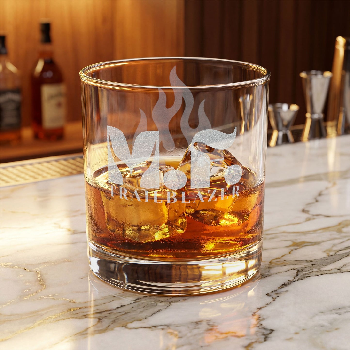 M.F. Trailblazer™ Engraved Whiskey Glass with Flame Design | 10.5oz Rocks Glass
