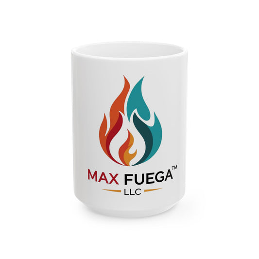 Max Fuega™ LLC Ceramic Mug — Colorful Flame Logo Coffee Cup (11oz & 15oz)