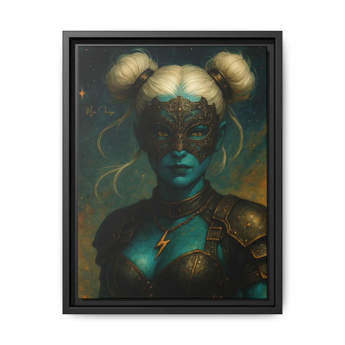 M.F. Steampunk Wall Art | Blue-Green Masked Warrior Queen | Framed Matte Canvas w/ Artist Signature*