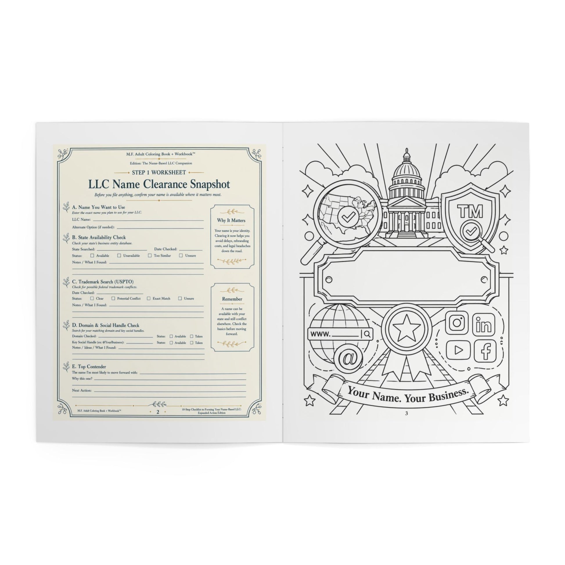 An open booklet or planner spread on a white background, showing a LLC name clearance checklist on the left page and a black-and-white business-themed illustration on the right page.