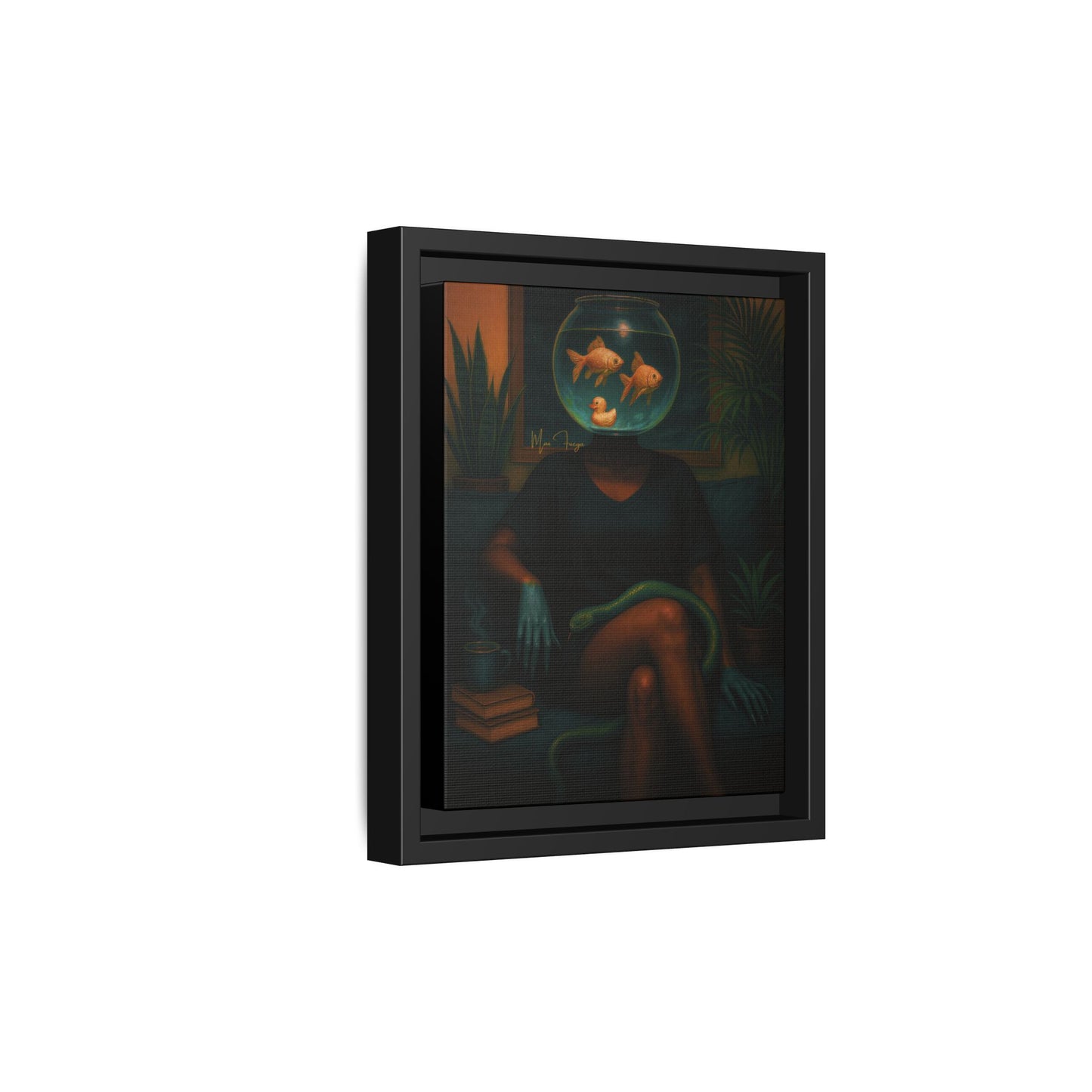 A framed art print featuring a surreal painting of a seated figure with a fishbowl for a head, shown in a black floating frame against a white background.