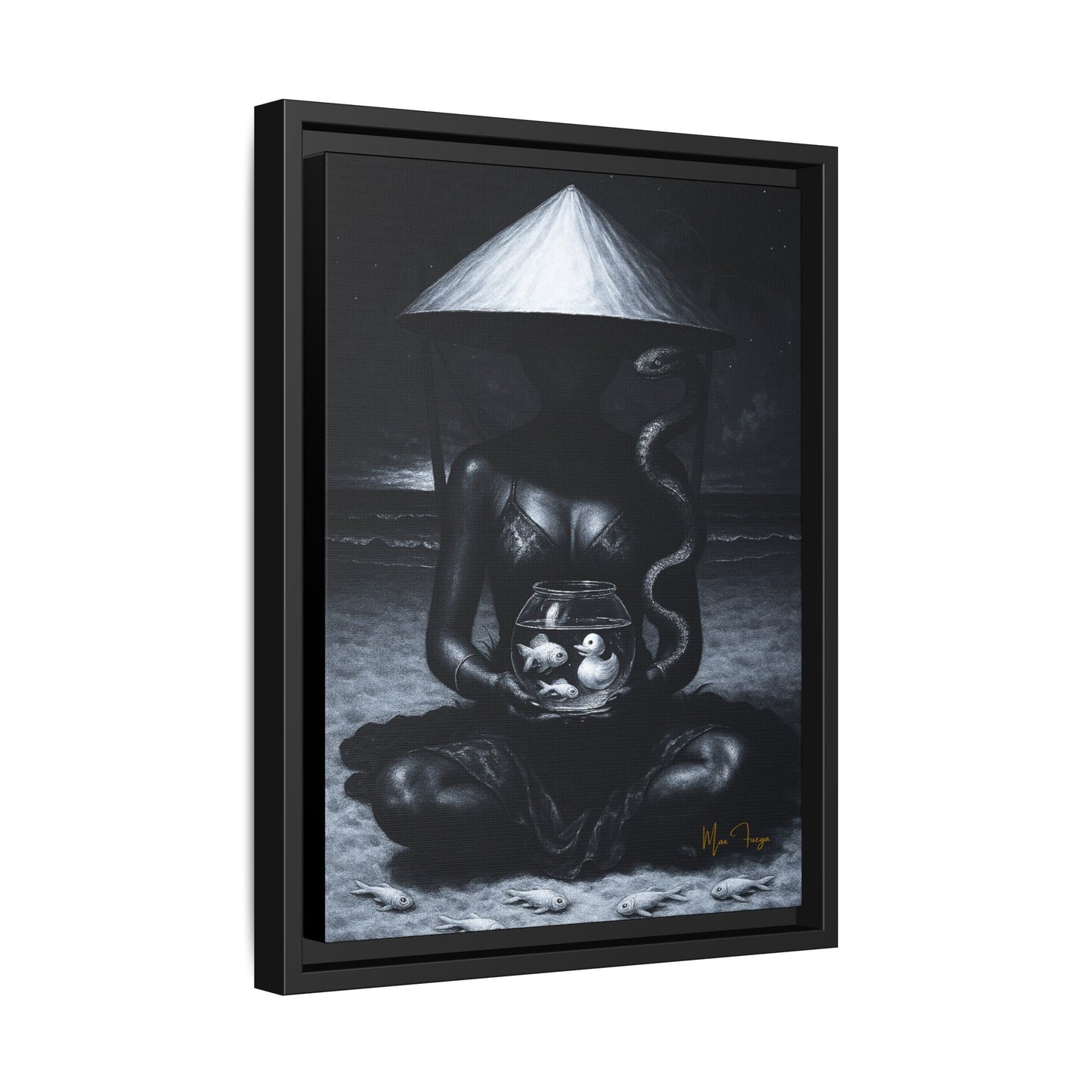 A framed black and white art print featuring a seated figure under a conical hat holding a fishbowl, with a snake around the neck, shown on a white background.