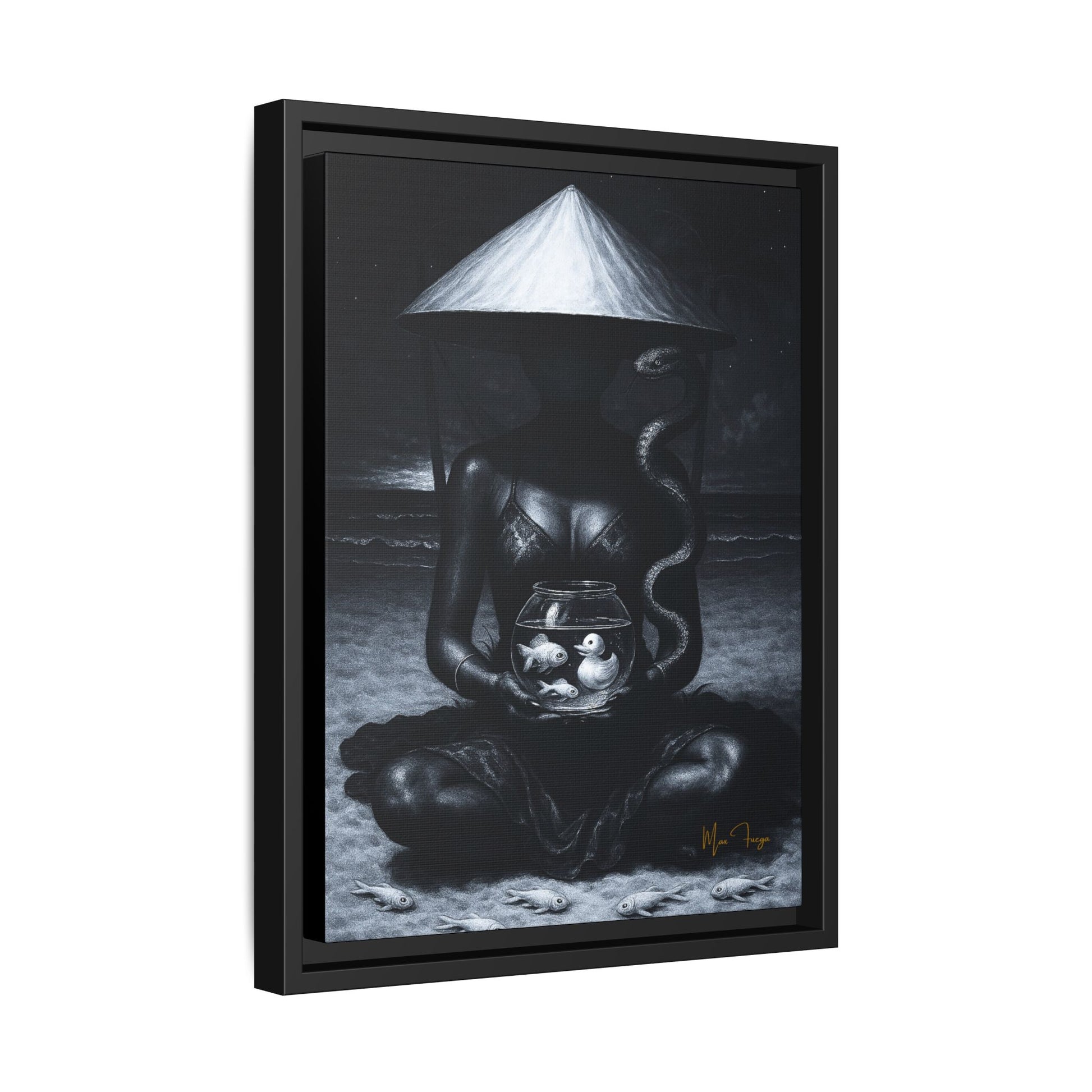 A framed black and white art print featuring a seated figure under a conical hat holding a fishbowl, with a snake around the neck, shown on a white background.