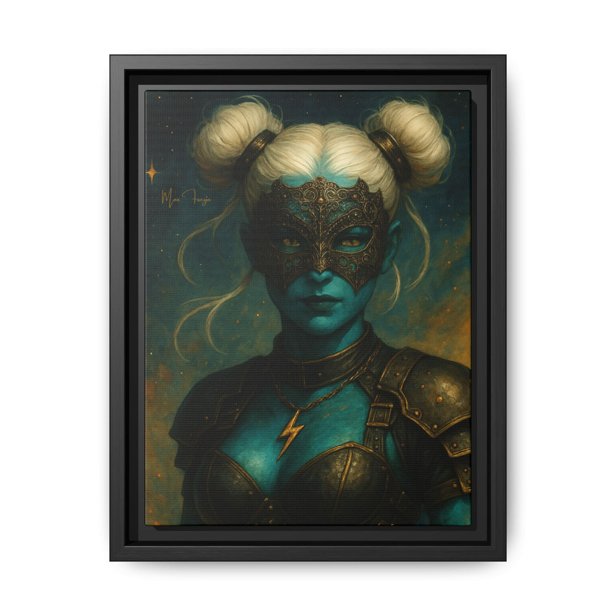 M.F. Steampunk Wall Art | Blue-Green Masked Warrior Queen | Framed Matte Canvas w/ Artist Signature*