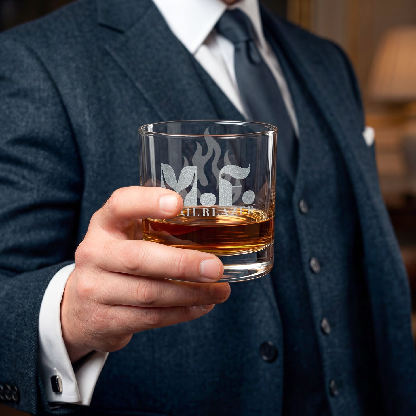 M.F. Trailblazer™ Engraved Whiskey Glass with Flame Design | 10.5oz Rocks Glass