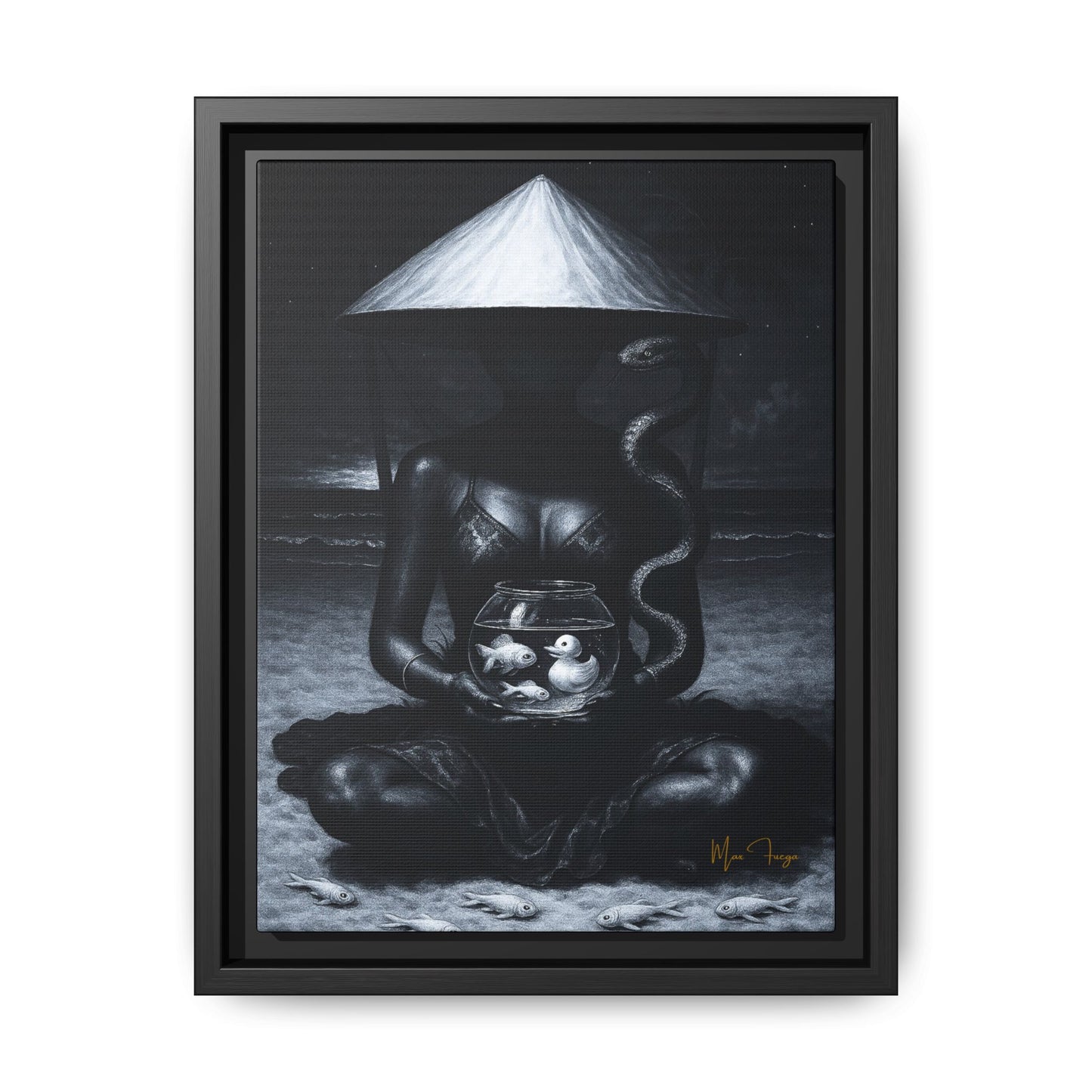 A framed black and white surreal art print depicting a seated figure under a conical hat holding a fishbowl with two small fish, shown in a black frame against a white background.