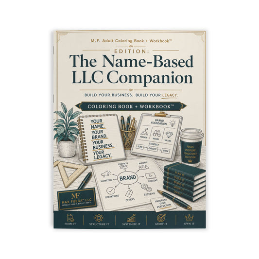 The Name-Based LLC Companion coloring book and workbook set by Max Fussell, featuring a cream-colored cover with dark teal accents and illustrations of office items like a plant, pens, and sticky notes.