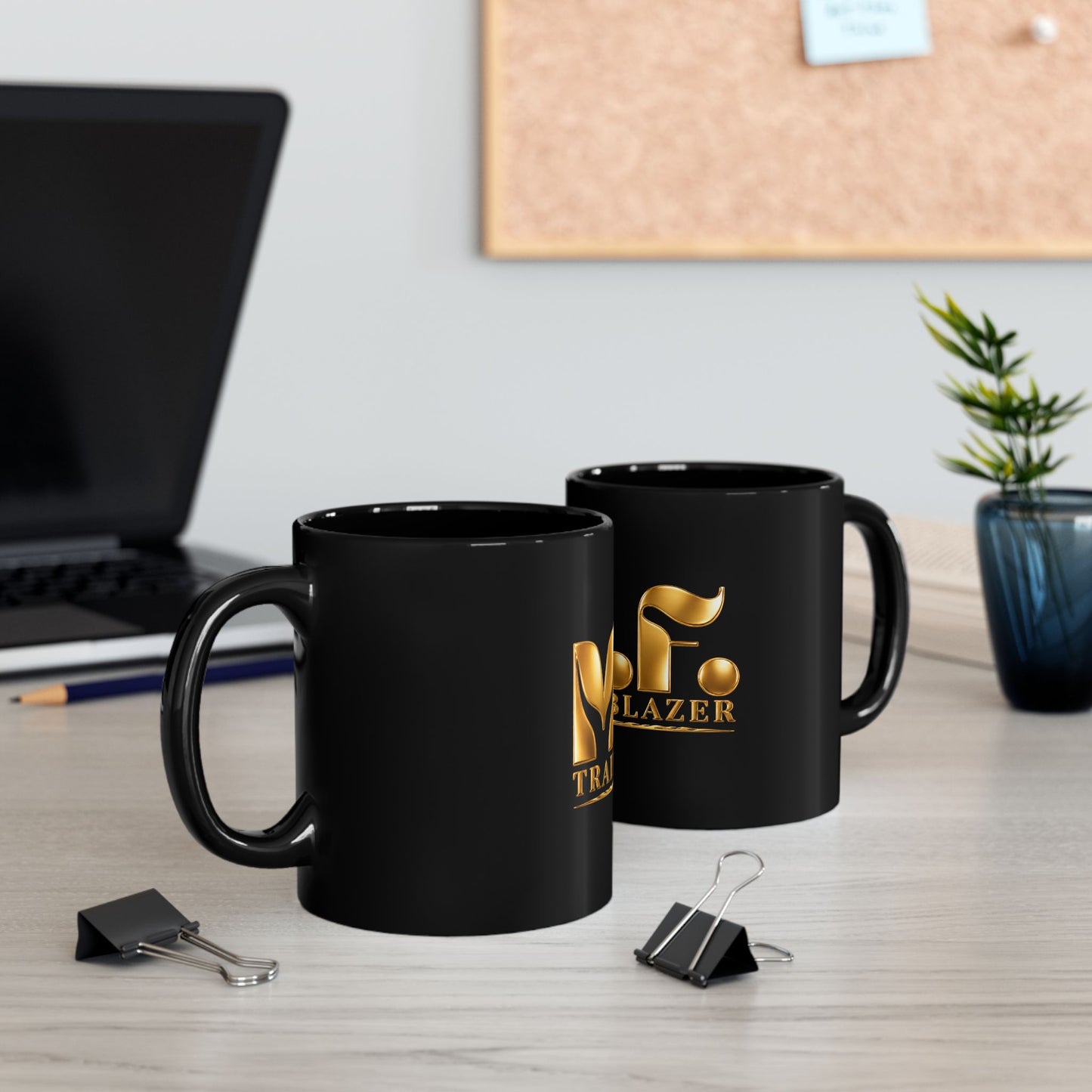 M.F. Trailblazer Gold Logo Black Mug | Glossy Ceramic Coffee Cup | 11oz / 15oz