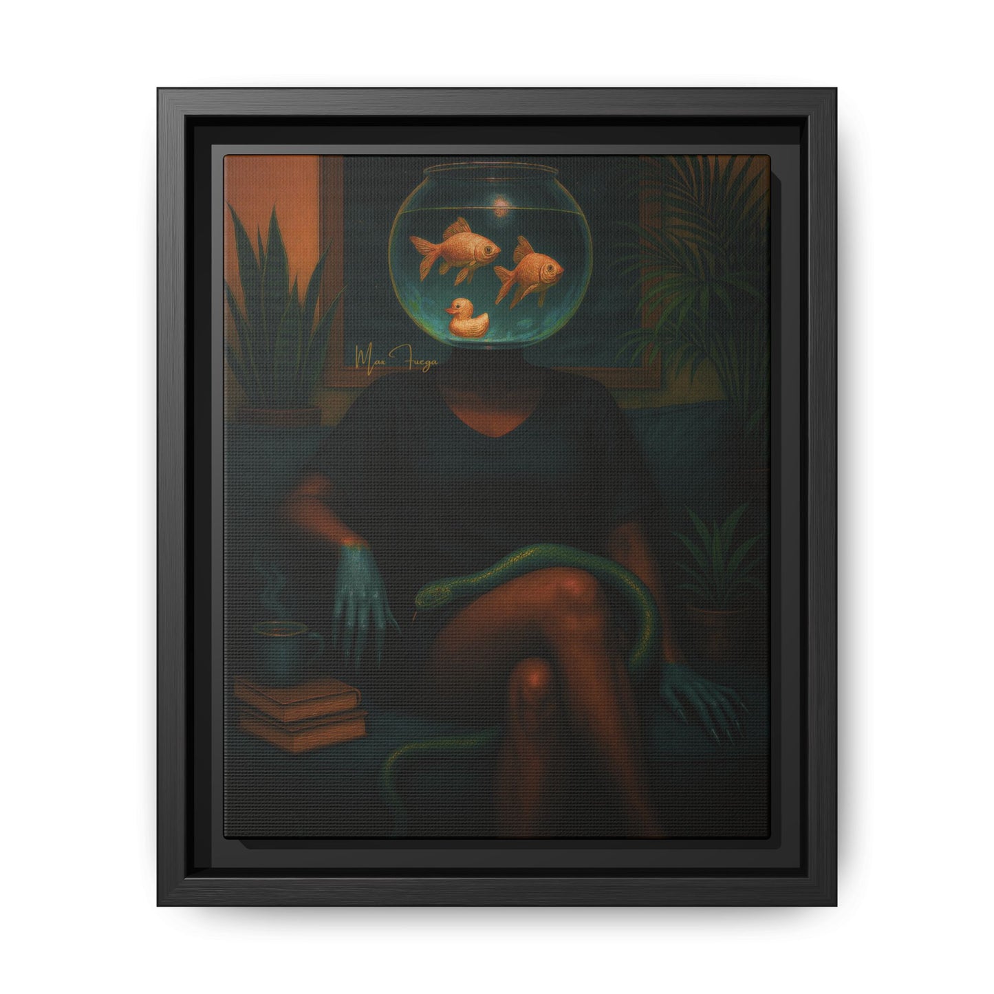 A framed surreal art print featuring a seated figure with a fishbowl for a head, containing two goldfish and a rubber duck, with a green snake draped across the legs, shown in a black frame against a light gray background.