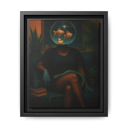 A framed surreal art print featuring a seated figure with a fishbowl for a head, containing two goldfish and a rubber duck, with a green snake draped across the legs, shown in a black frame against a light gray background.