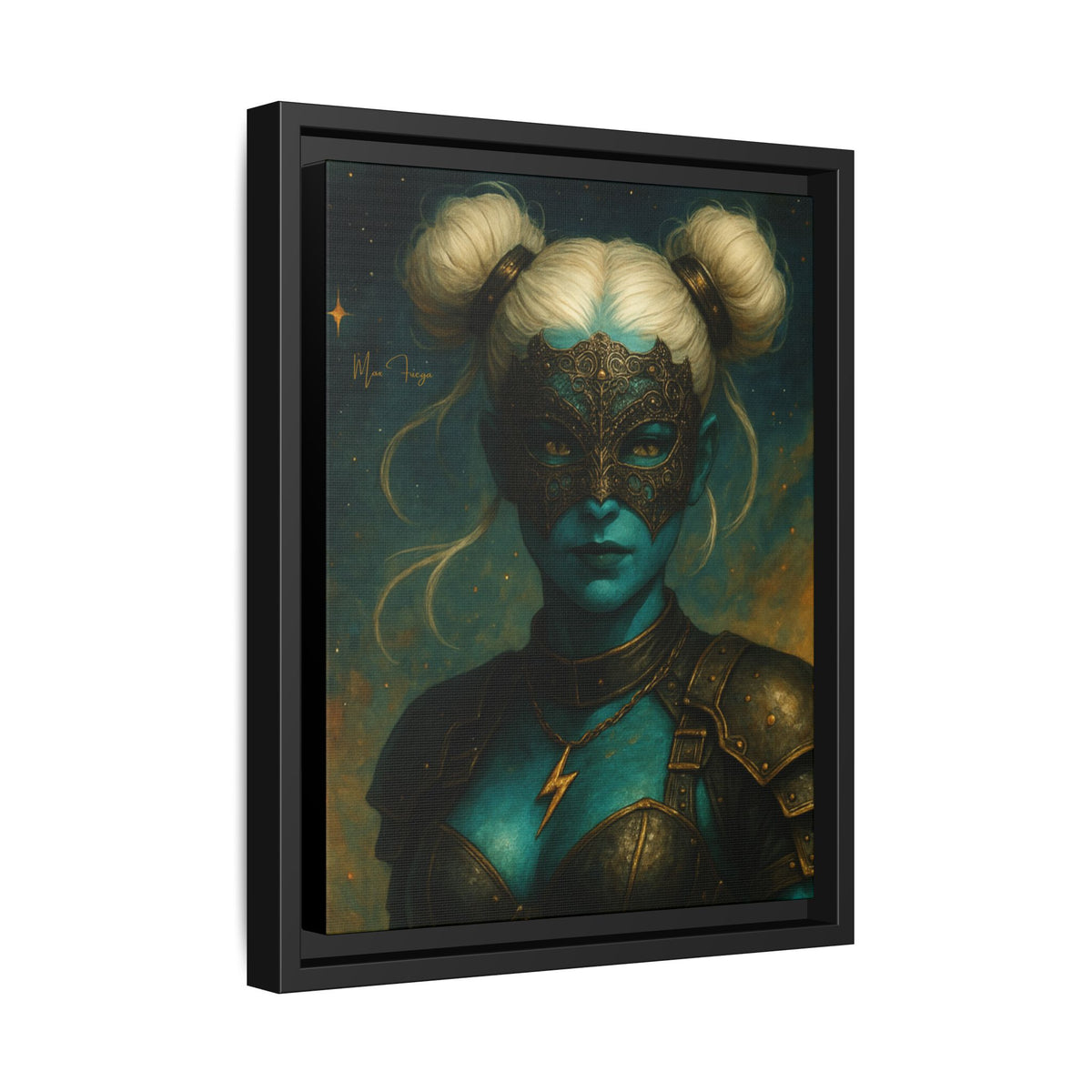 M.F. Steampunk Wall Art | Blue-Green Masked Warrior Queen | Framed Matte Canvas w/ Artist Signature*
