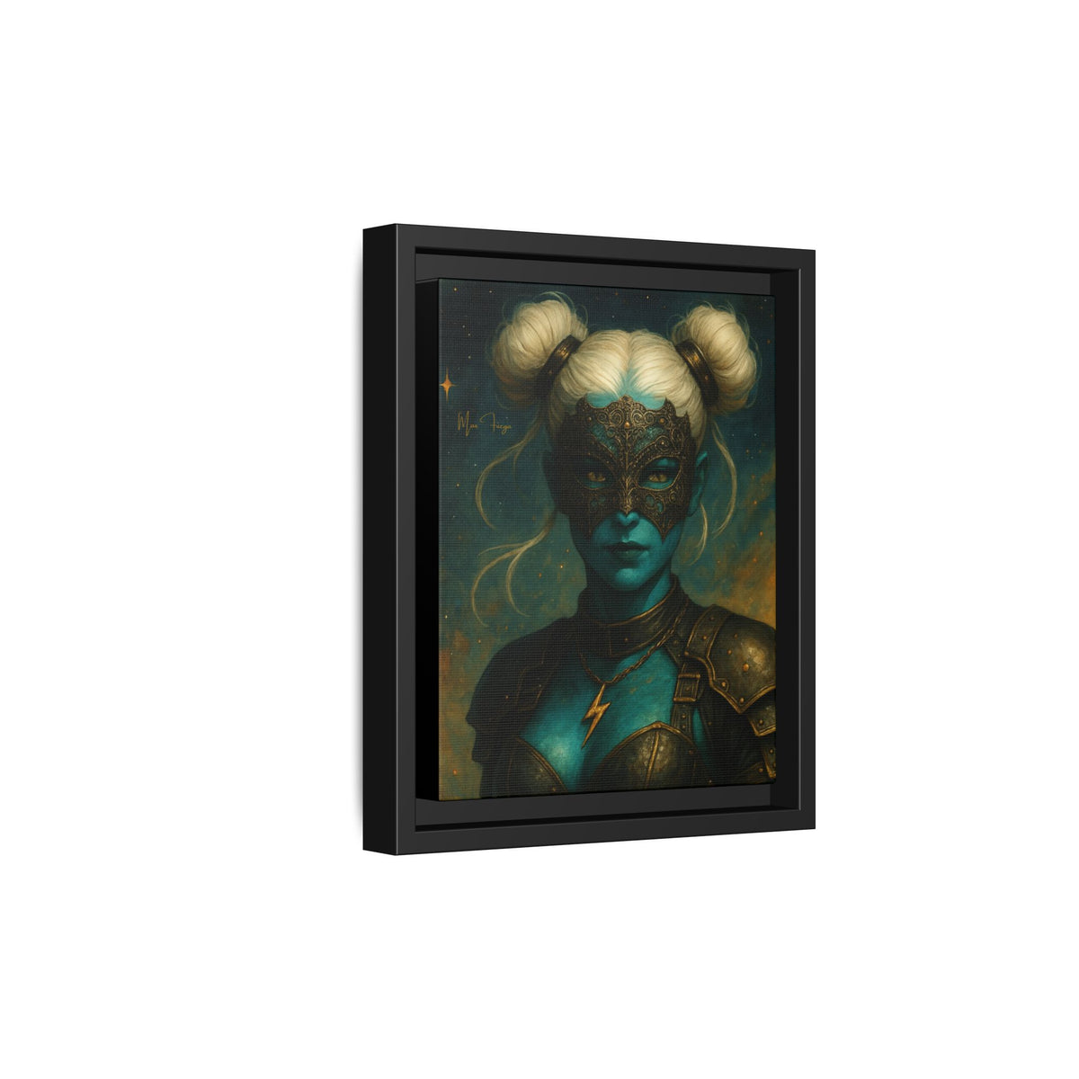 M.F. Steampunk Wall Art | Blue-Green Masked Warrior Queen | Framed Matte Canvas w/ Artist Signature*