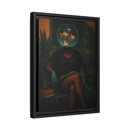 A framed surreal art print featuring a seated figure with a fishbowl for a head, containing two goldfish and a rubber duck, with a green snake wrapped around the legs, shown against a dark background.
