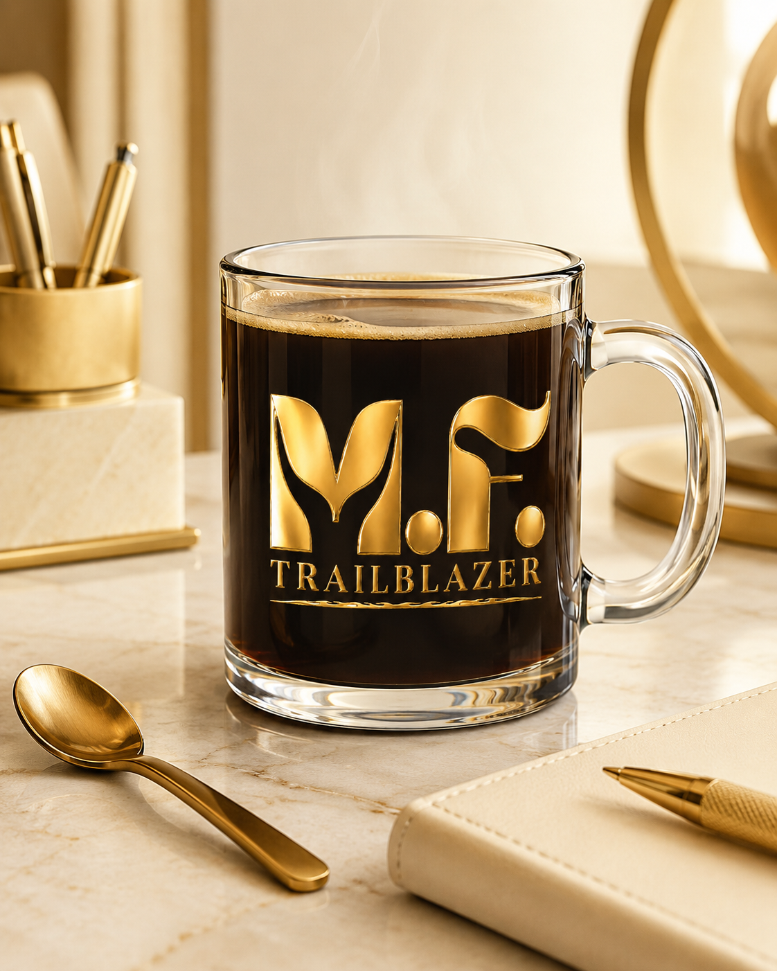 MF Trailblazer 10oz Glass Cup | Coffee, Tea, Cocktail Mug | Gold MF Logo