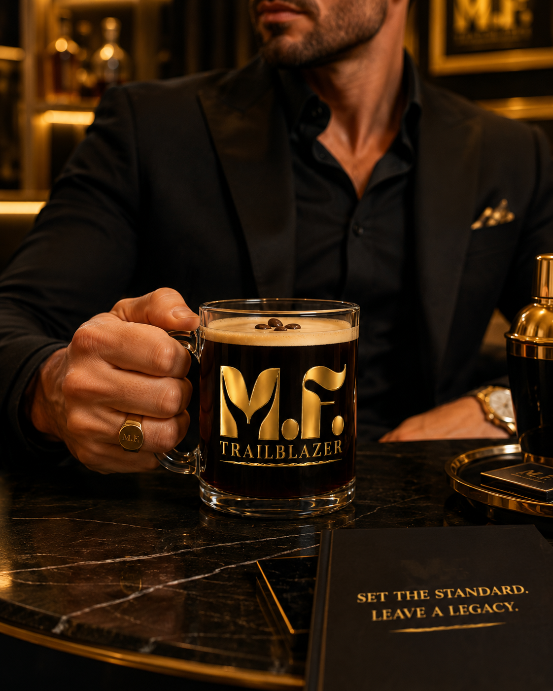 MF Trailblazer 10oz Glass Cup | Coffee, Tea, Cocktail Mug | Gold MF Logo
