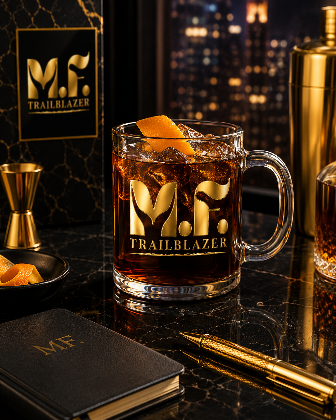 MF Trailblazer 10oz Glass Cup | Coffee, Tea, Cocktail Mug | Gold MF Logo