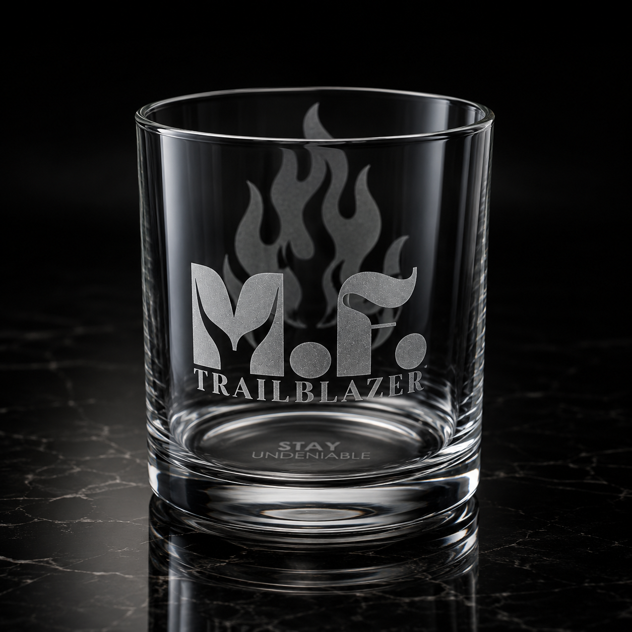 M.F. Trailblazer™ Engraved Whiskey Glass with Flame Design | 10.5oz Rocks Glass