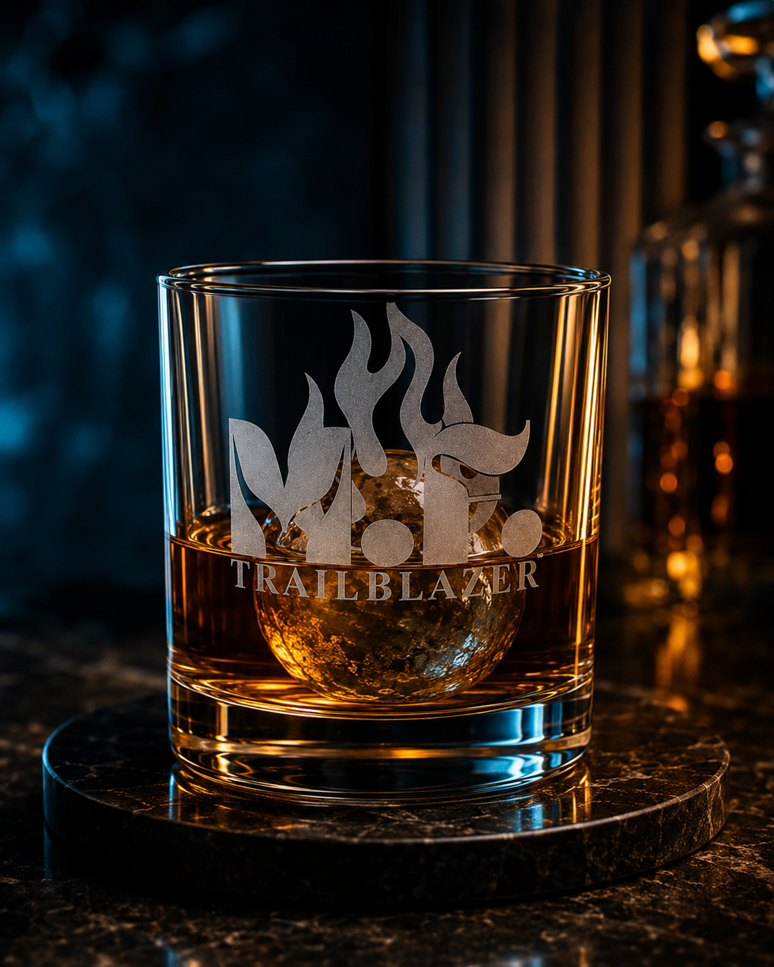 M.F. Trailblazer™ Engraved Whiskey Glass with Flame Design | 10.5oz Rocks Glass