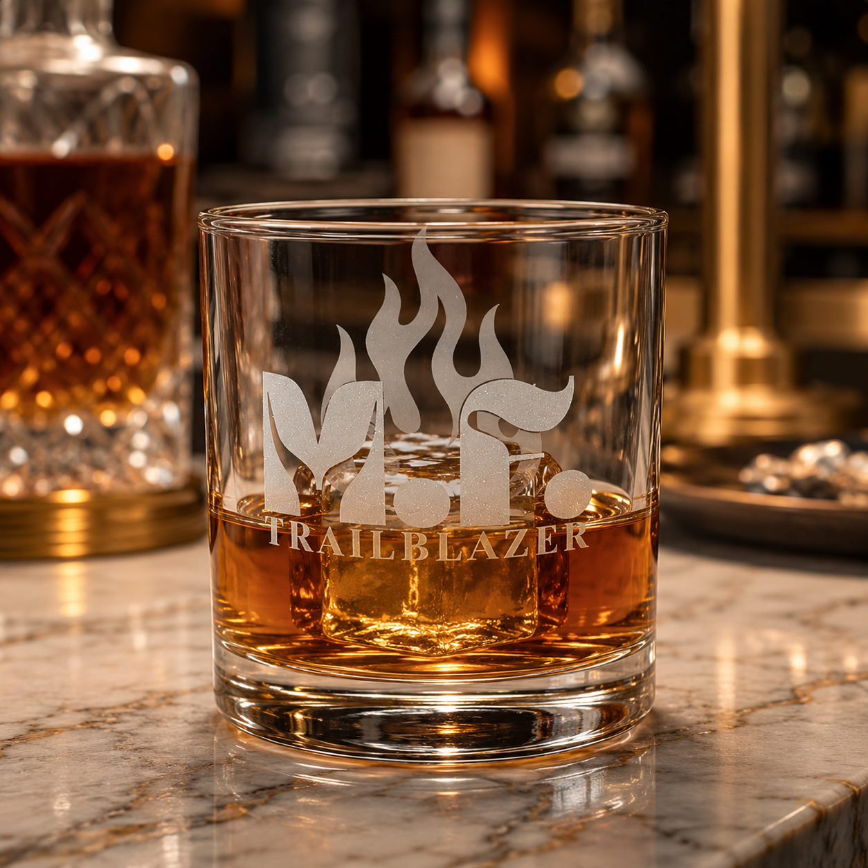 M.F. Trailblazer™ Engraved Whiskey Glass with Flame Design | 10.5oz Rocks Glass