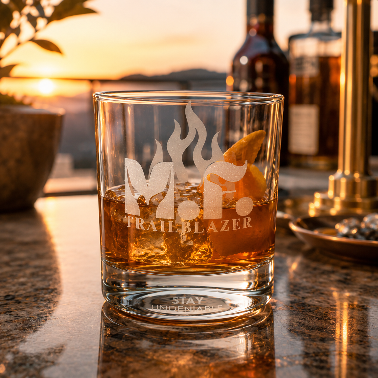 M.F. Trailblazer™ Engraved Whiskey Glass with Flame Design | 10.5oz Rocks Glass