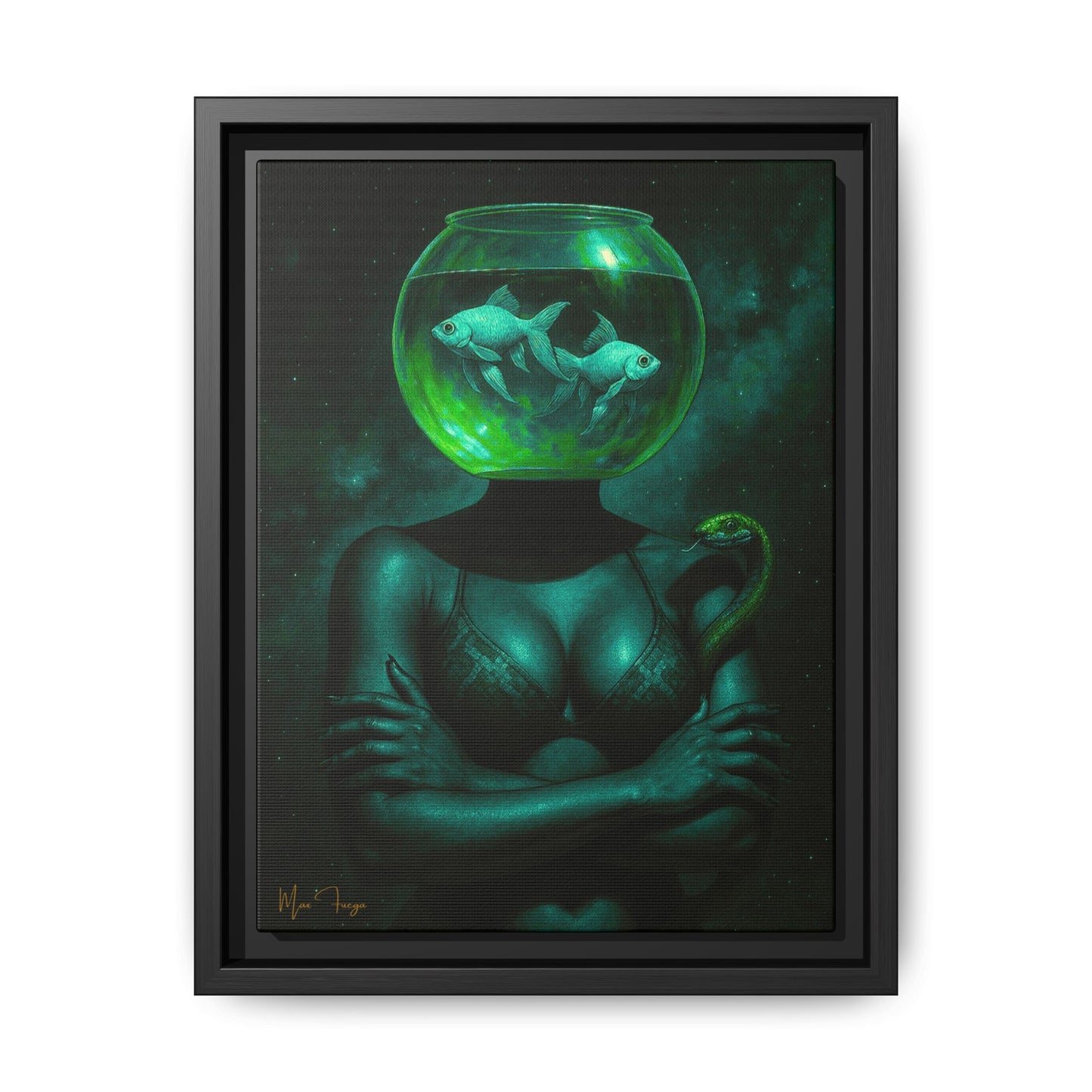 M.F. Surreal Green Galaxy Art | Fishbowl Serpentine | Matte Framed Canvas w/ Artist SIgnature*