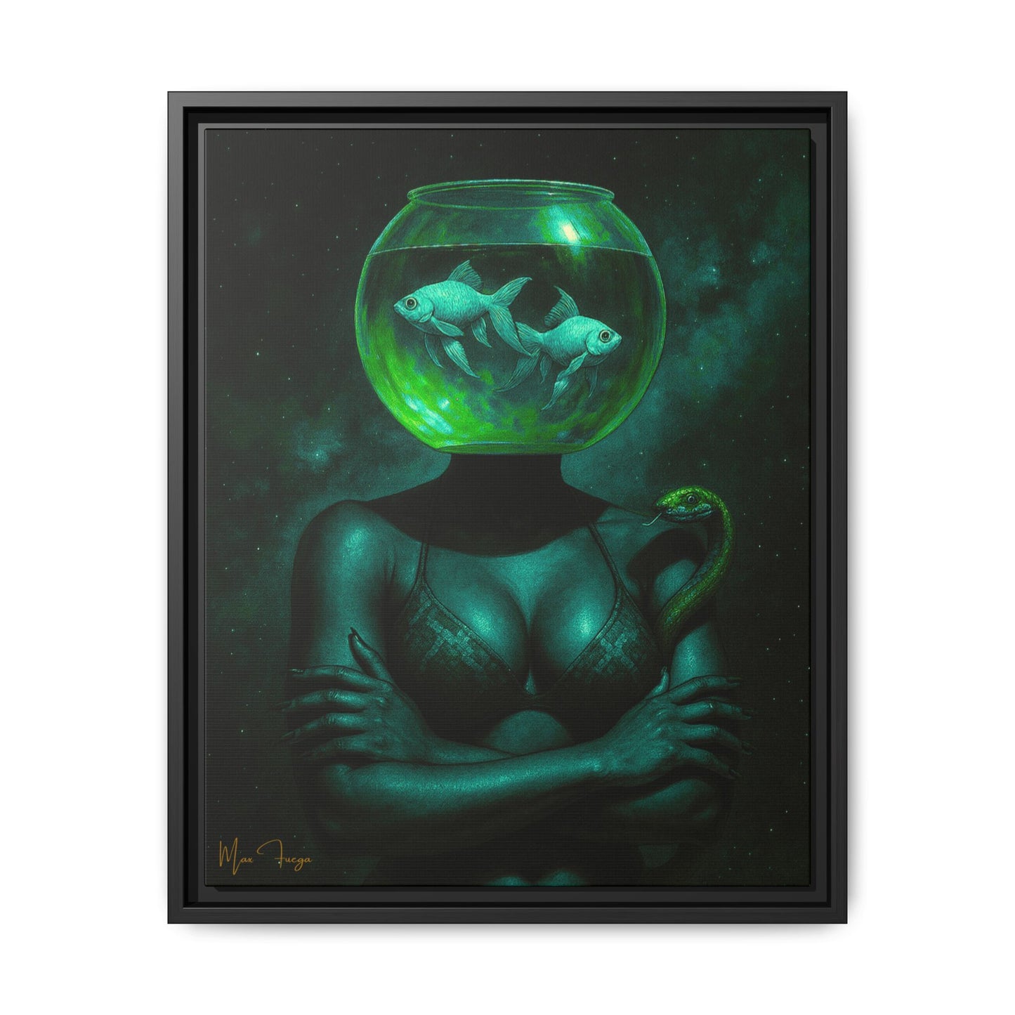 M.F. Surreal Green Galaxy Art | Fishbowl Serpentine | Matte Framed Canvas w/ Artist SIgnature*