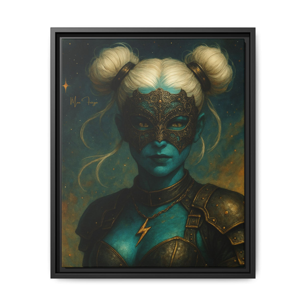 M.F. Steampunk Wall Art | Blue-Green Masked Warrior Queen | Framed Matte Canvas w/ Artist Signature*