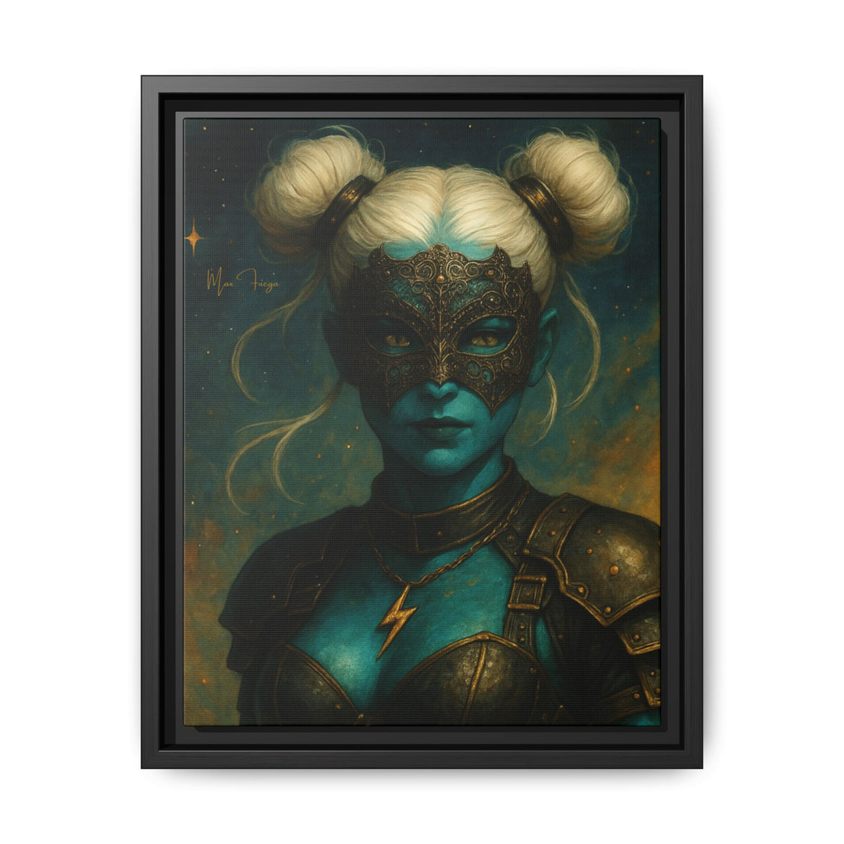 M.F. Steampunk Wall Art | Blue-Green Masked Warrior Queen | Framed Matte Canvas w/ Artist Signature*