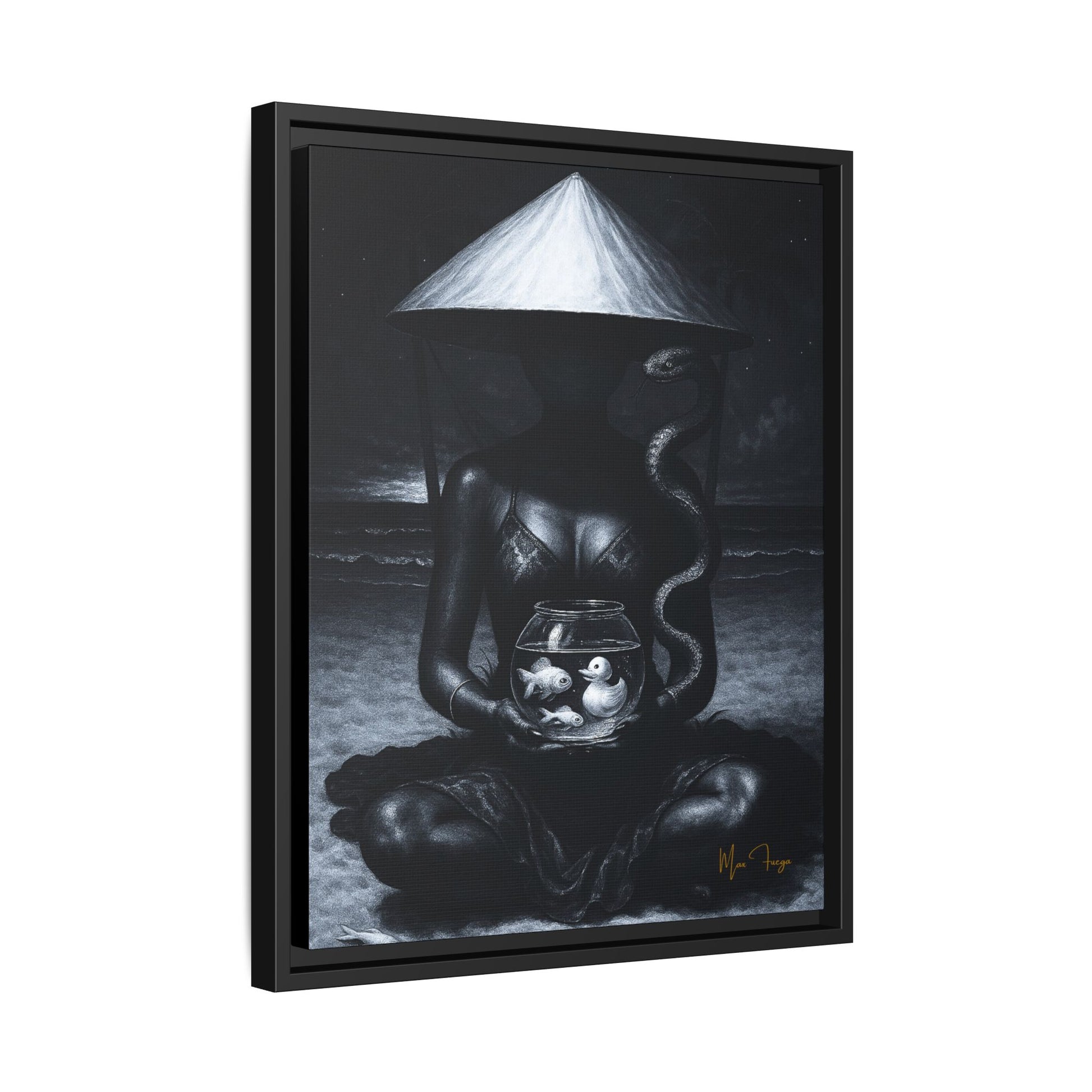 A framed black and white surreal art print featuring a seated figure under a conical hat holding a fishbowl with small fish, shown at an angle against a white background.