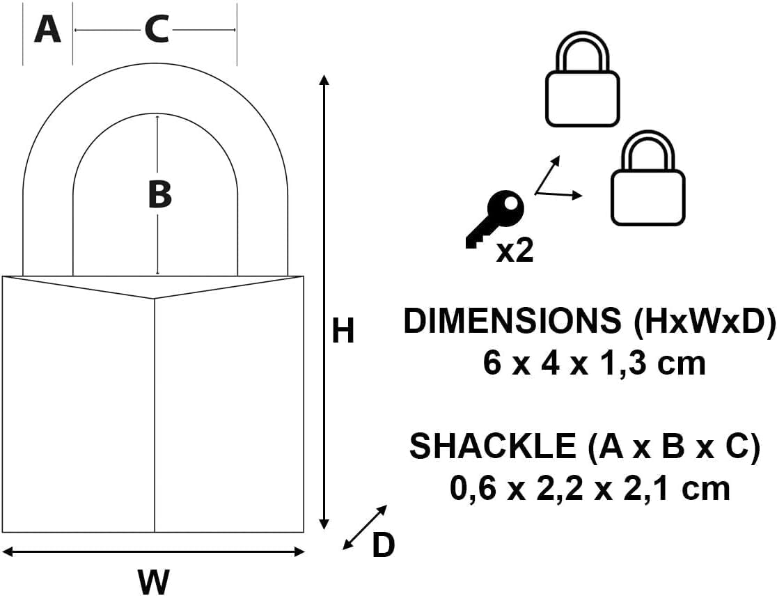 Technical drawing of a padlock with dimensions labeled