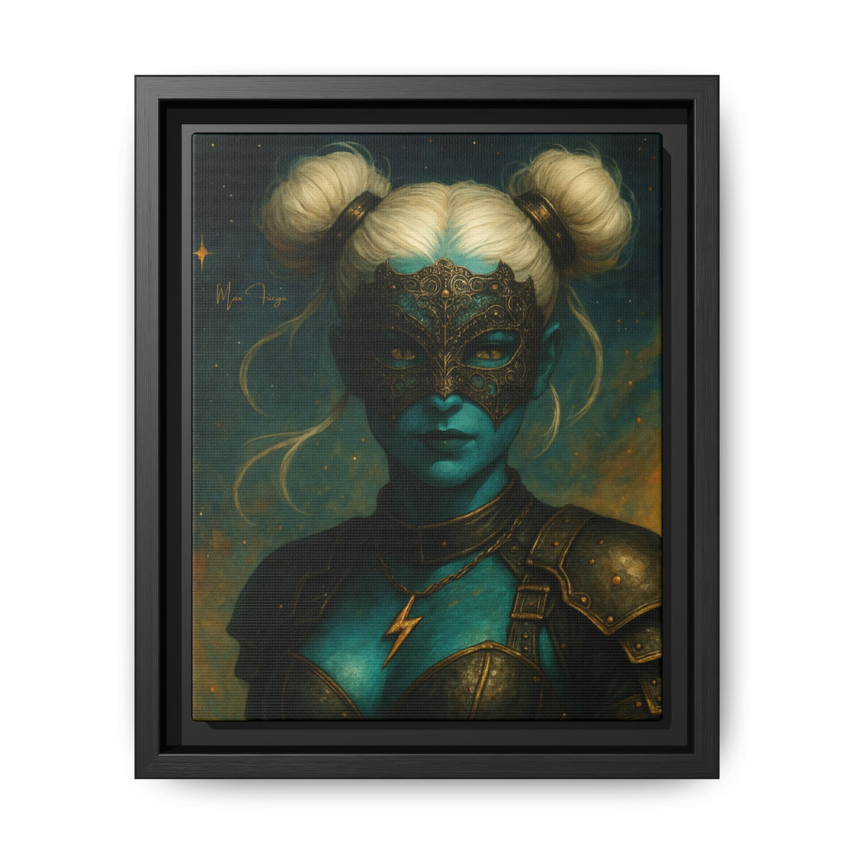 M.F. Steampunk Wall Art | Blue-Green Masked Warrior Queen | Framed Matte Canvas w/ Artist Signature*