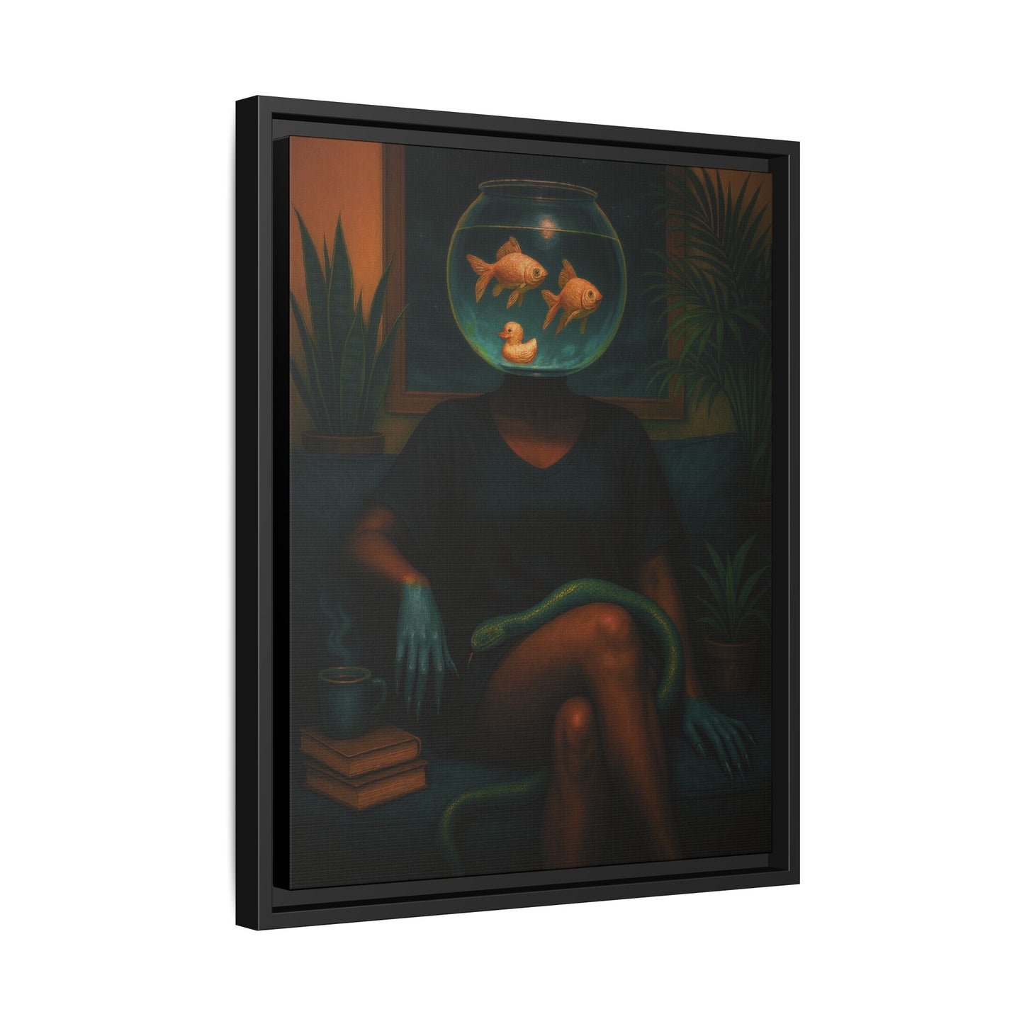A framed art print featuring a surreal portrait of a seated figure with a fishbowl for a head, with goldfish swimming inside and a snake wrapped around the legs, shown against a plain white background.