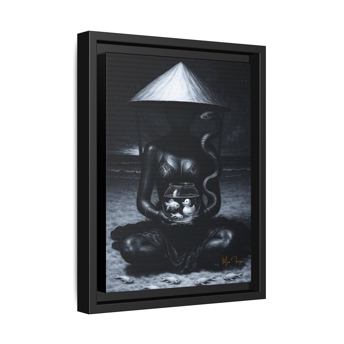 A framed black and white art print featuring a seated figure under a conical hat holding a glowing bowl, shown in a black floating frame on a white background.