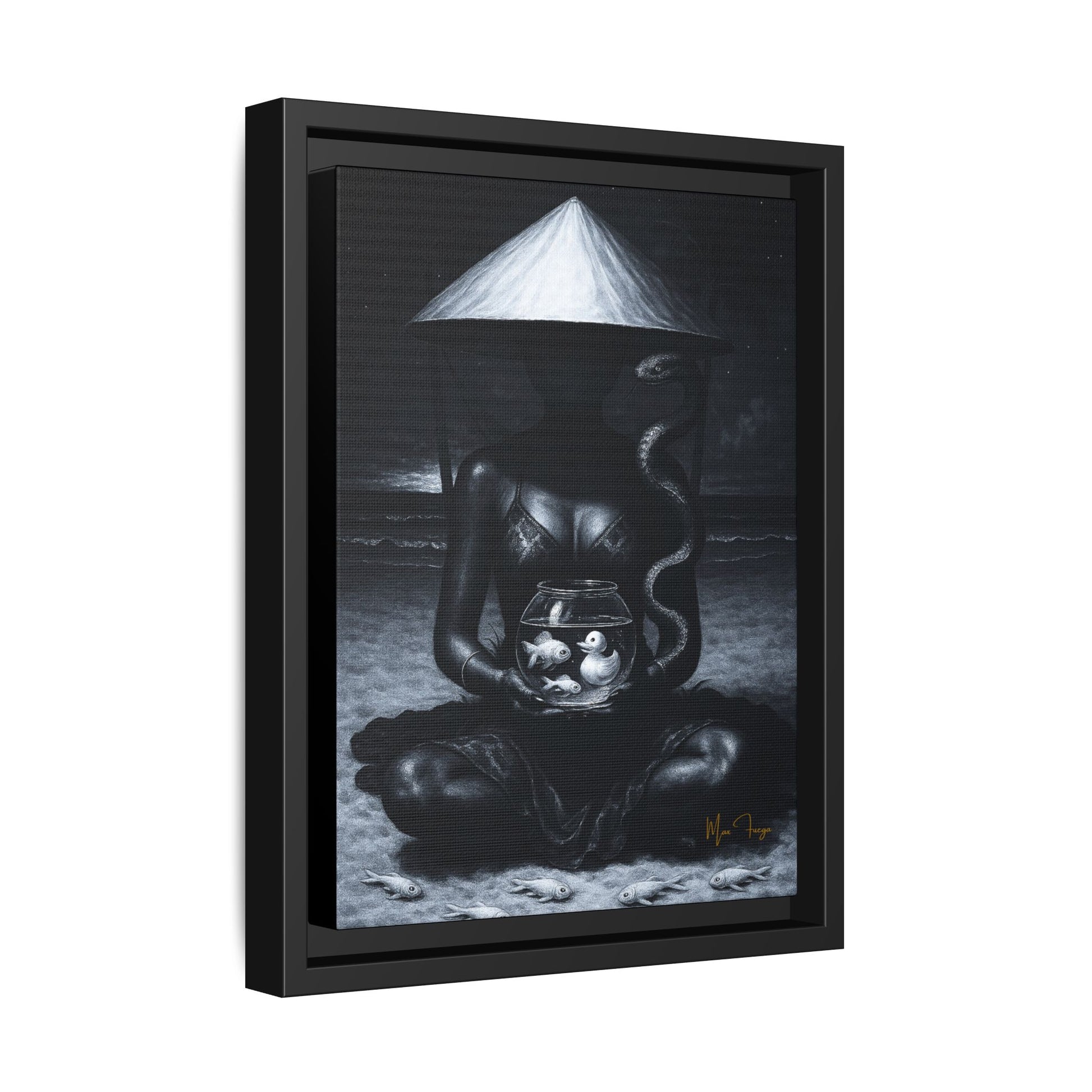 A framed black and white art print featuring a seated figure under a conical hat holding a glowing bowl, shown in a black floating frame on a white background.