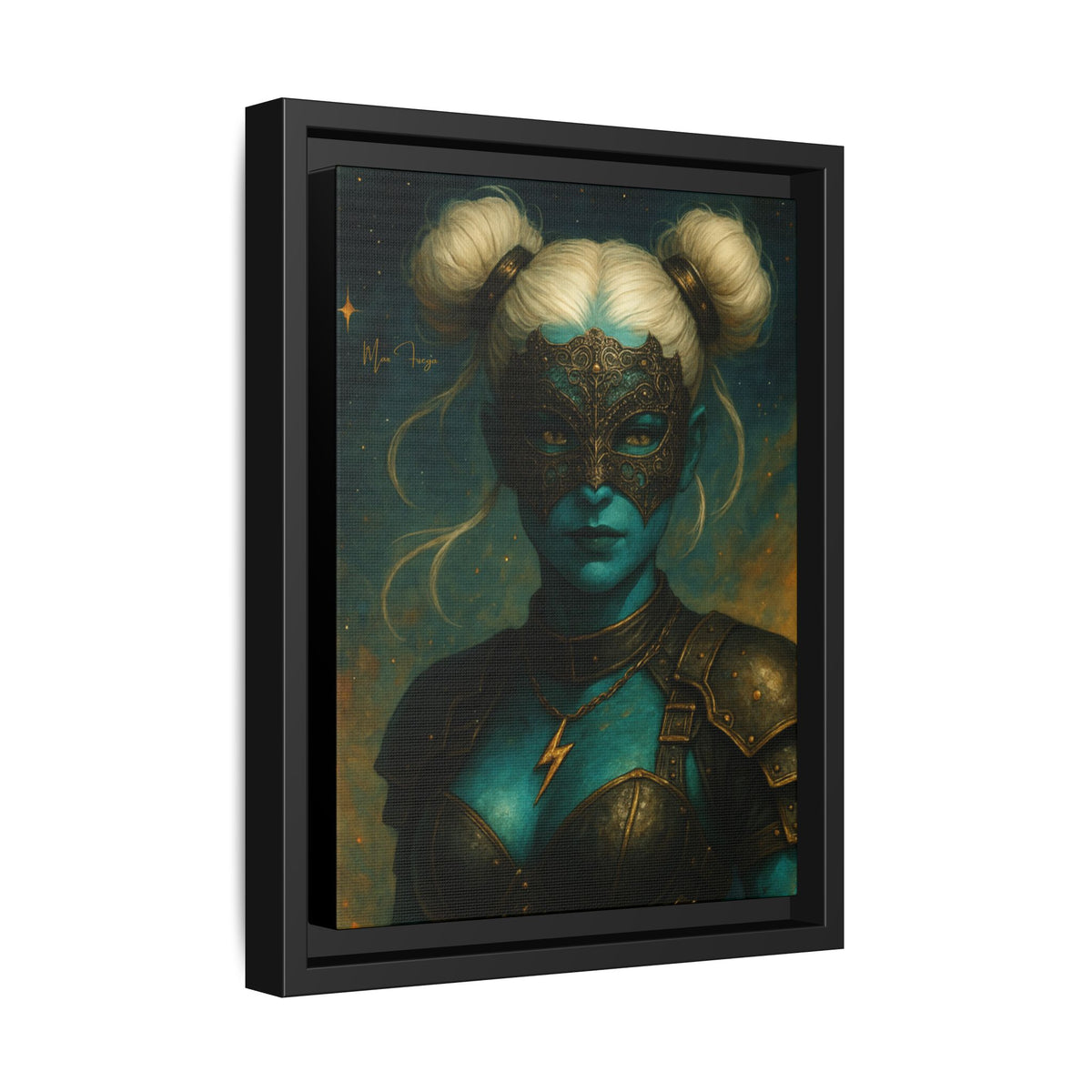 M.F. Steampunk Wall Art | Blue-Green Masked Warrior Queen | Framed Matte Canvas w/ Artist Signature*